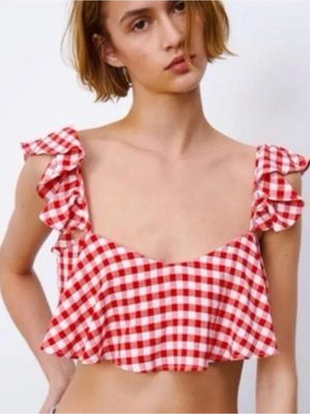 Zara Red and White Gingham Ruffle Crop Top
